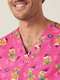 XMAS Gingerbread Surfer Print Scrub Unisex Top (CATRST) - Pink