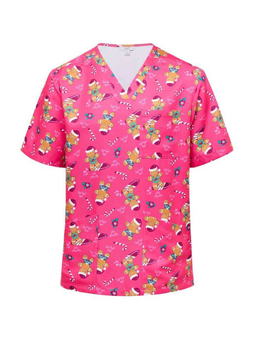 XMAS Gingerbread Surfer Print Scrub Unisex Top (CATRST) - Pink